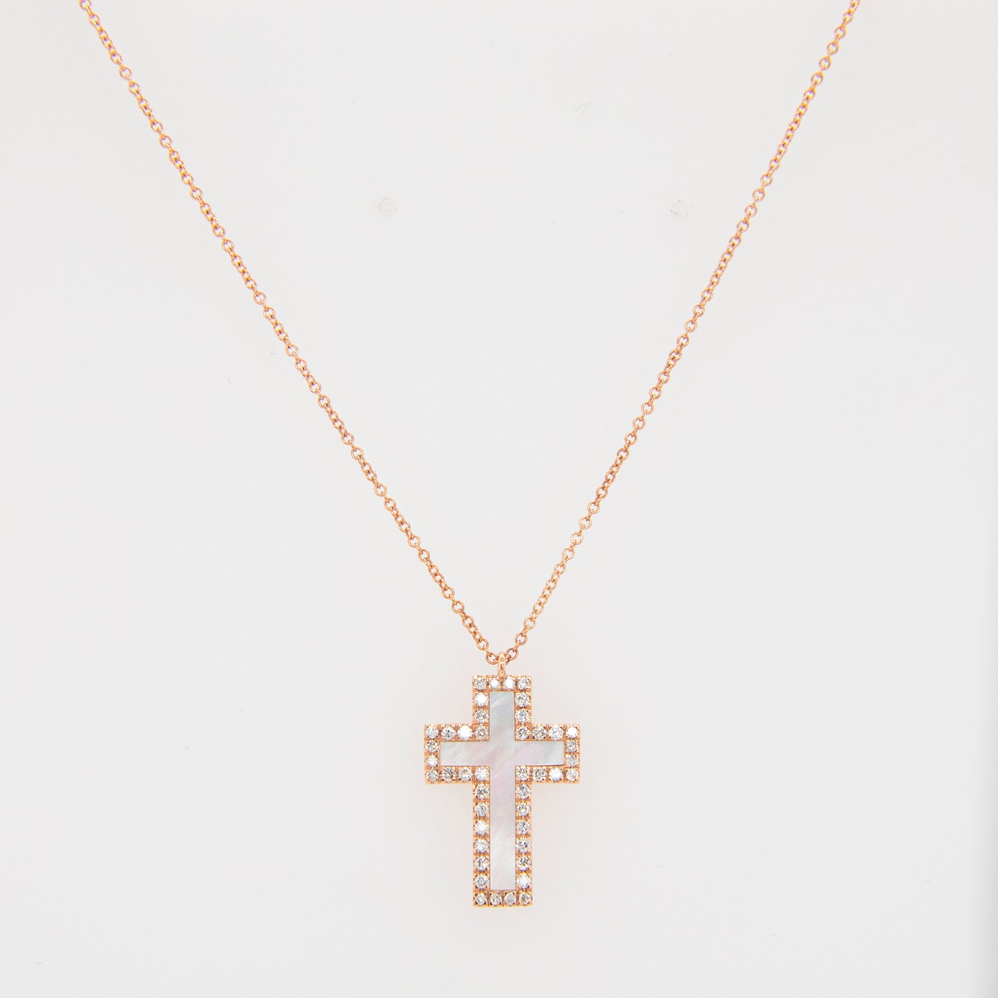 14K Rose Gold Diamond and Mother of Pearl Cross Pendant Necklace
