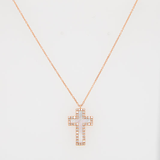 14K Rose Gold Diamond and Mother of Pearl Cross Pendant Necklace