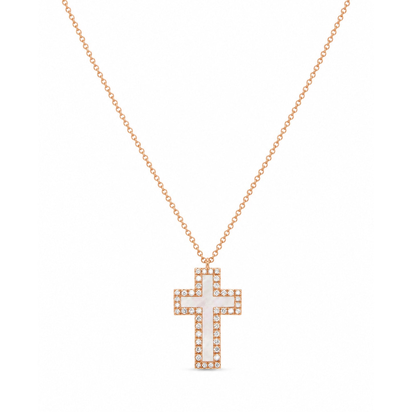 14K Rose Gold Diamond and Mother of Pearl Cross Pendant Necklace