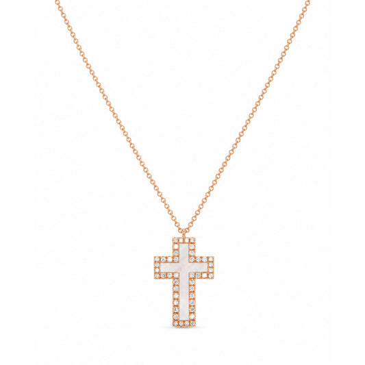 14K Rose Gold Diamond and Mother of Pearl Cross Pendant Necklace