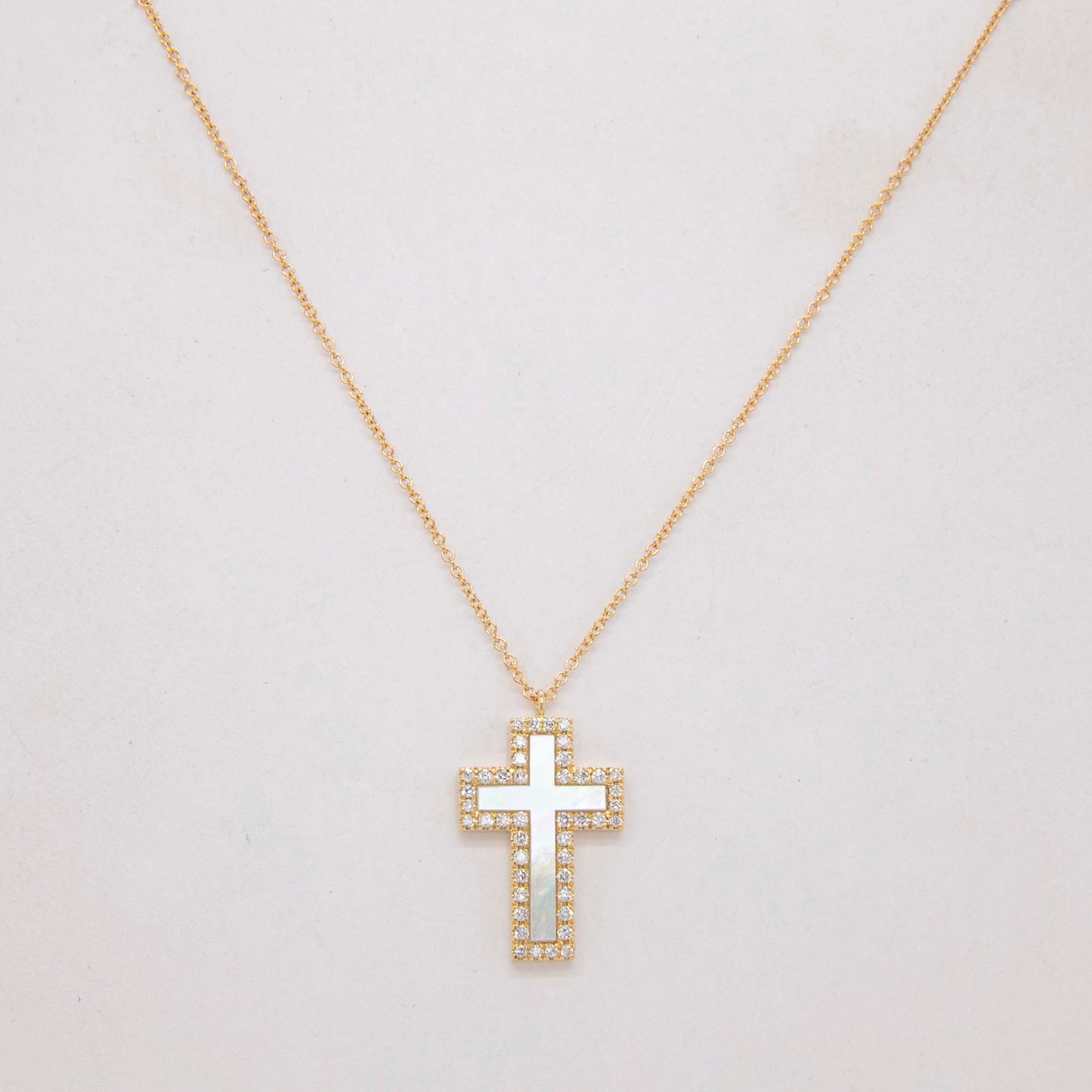14K Yellow Gold Diamond and Mother of Pearl Cross Pendant Necklace