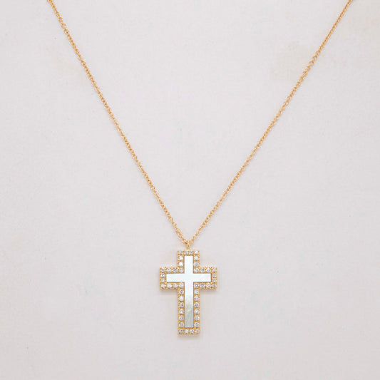 14K Yellow Gold Diamond and Mother of Pearl Cross Pendant Necklace