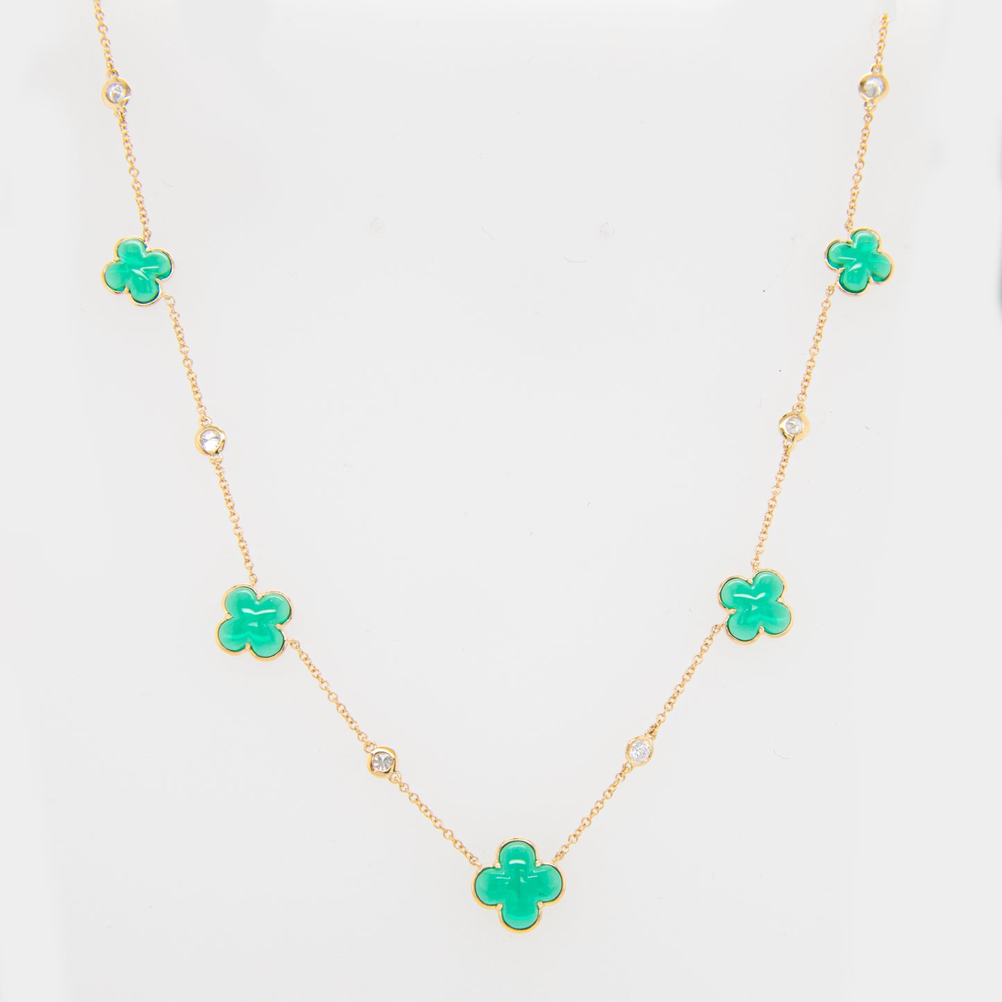 14K Yellow Gold Diamond Emerald Clover Station Necklace