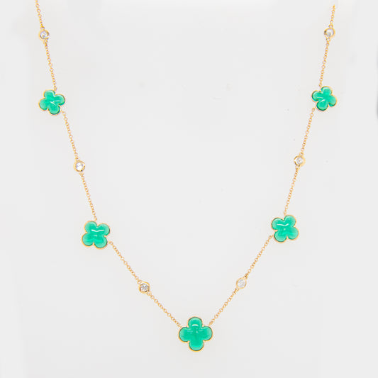 14K Yellow Gold Diamond Emerald Clover Station Necklace