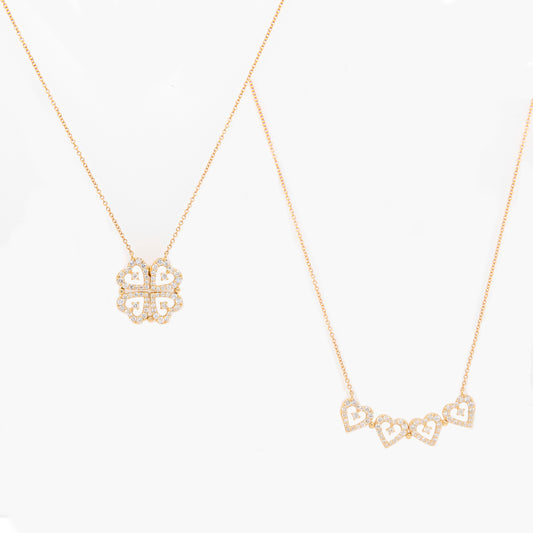 14K Yellow Gold Diamond Two in One Heart & Clover Necklace