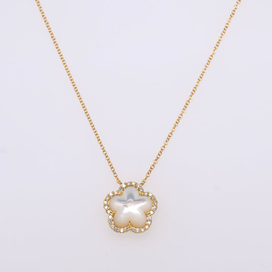 14K Yellow Gold Diamond and Mother of Pearl Flower Pendant Necklace