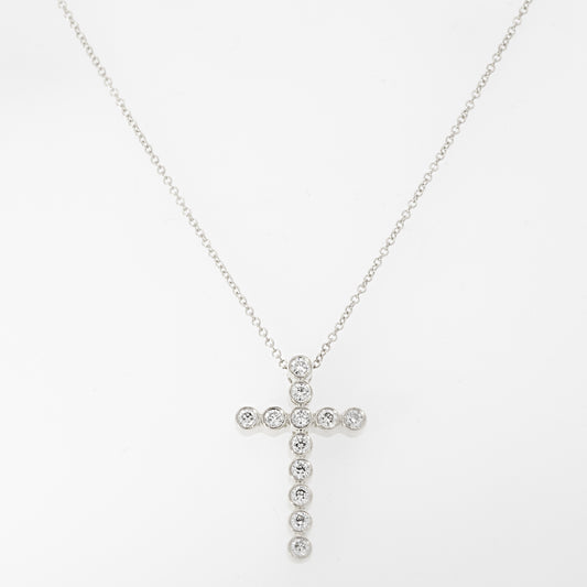14K White Gold Bezel Diamond Cross Pendant Necklace