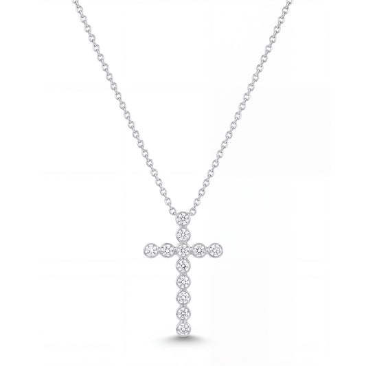 14K White Gold Bezel Diamond Cross Pendant Necklace