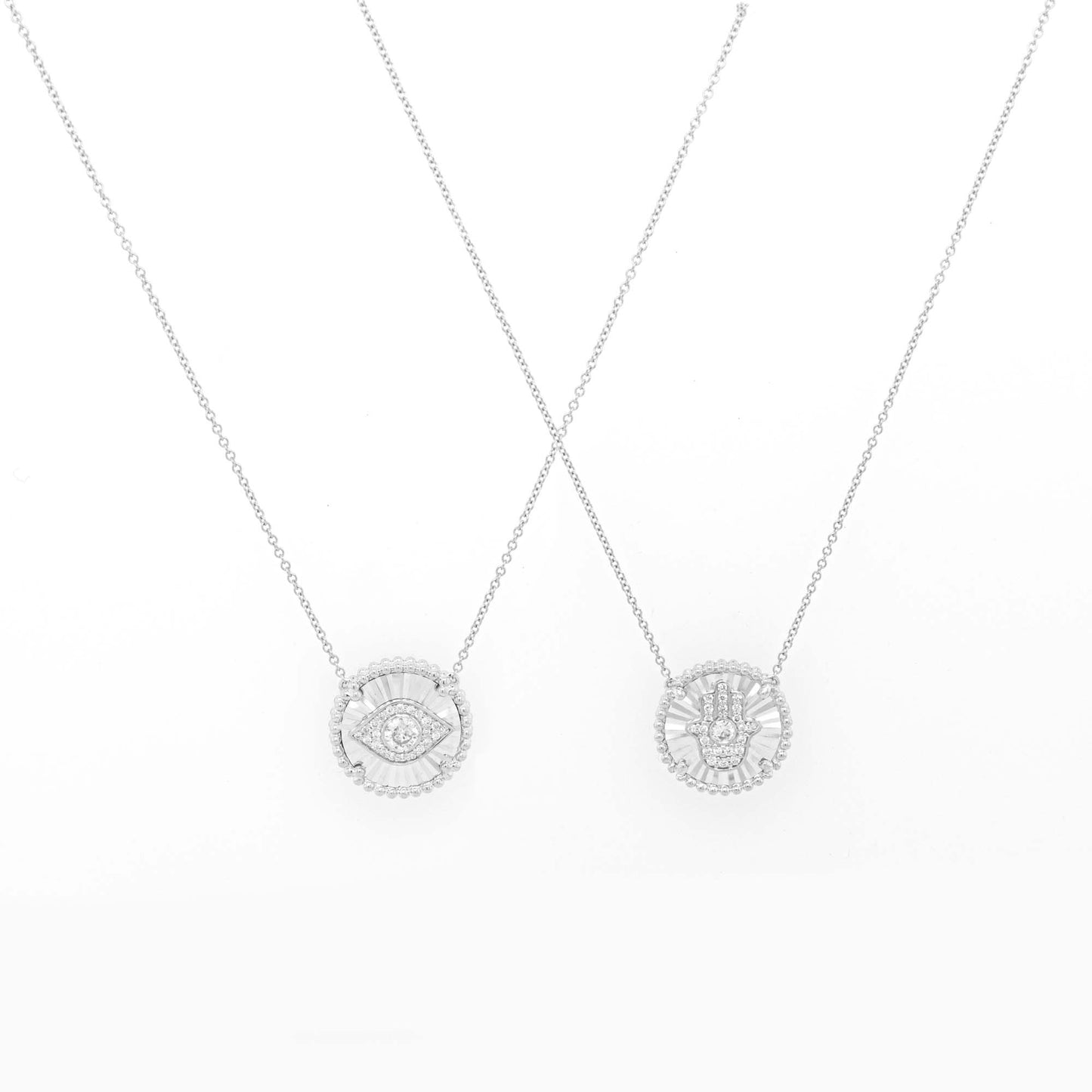 14K White Gold Diamond Double Sided Evil Eye & Hamsa Pendant Necklace