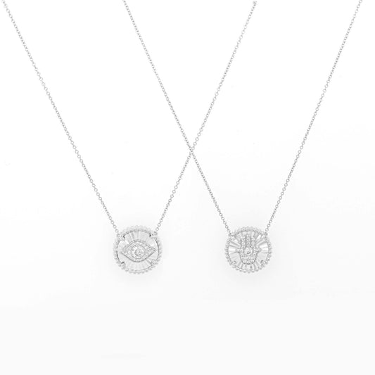 14K White Gold Diamond Double Sided Evil Eye & Hamsa Pendant Necklace