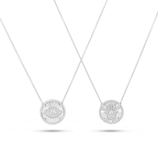 14K White Gold Diamond Double Sided Evil Eye & Hamsa Pendant Necklace