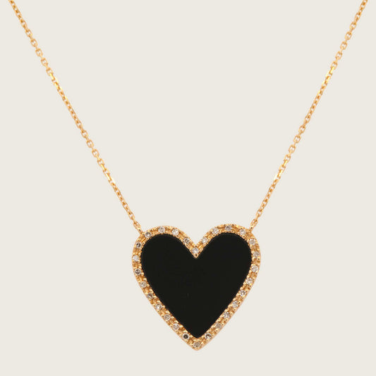 14K Yellow Gold Diamond and Black Onyx Heart Pendant Necklace