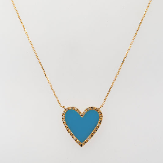 14K Yellow Gold Diamond and Turquoise Heart Pendant Necklace