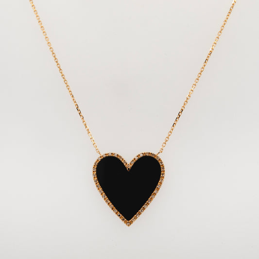 14K Yellow Gold Large Diamond and Onyx Heart Pendant Necklace