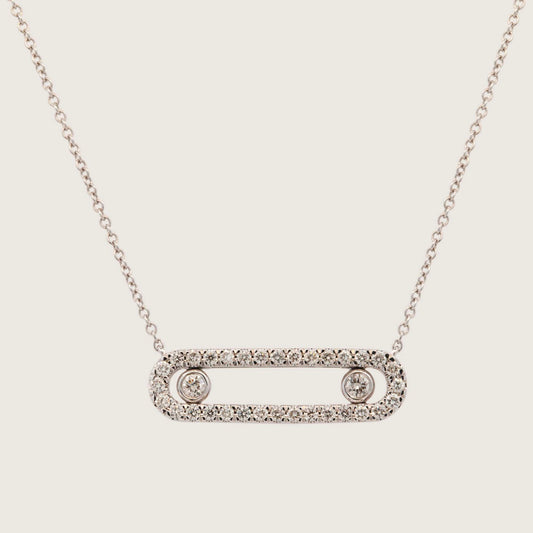 14K White Gold Double Ball Floating Bar Diamond Necklace