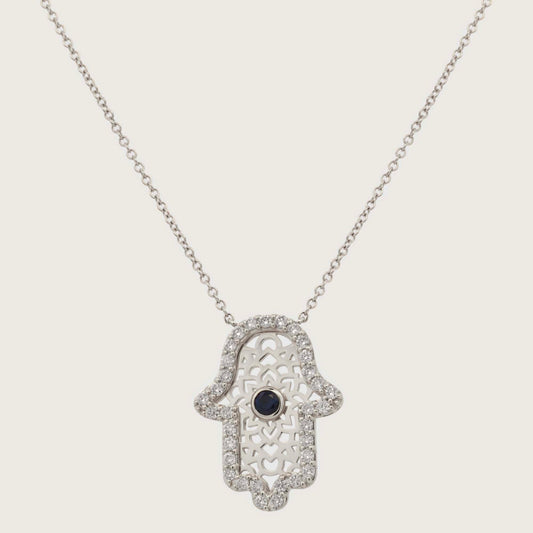 14K White Gold Diamond Hamsa Pendant Necklace