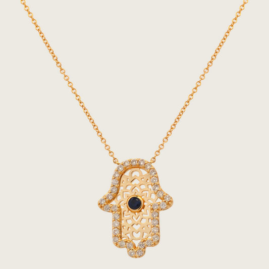 14K Yellow Gold Diamond Hamsa Pendant Necklace