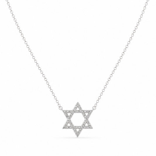 14K White Gold Star of David Diamond Necklace