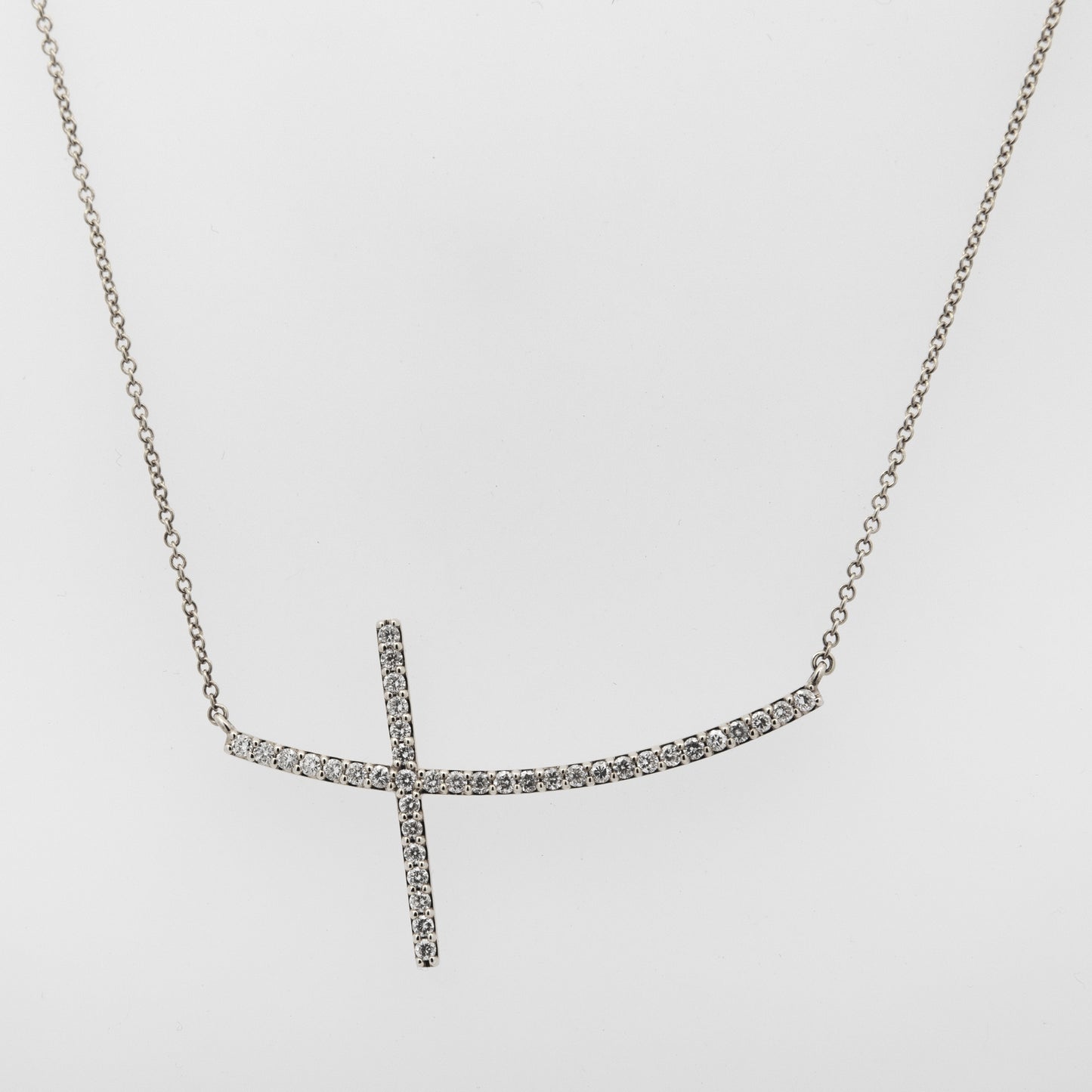14K White Gold Diamond Sideway Cross Necklace