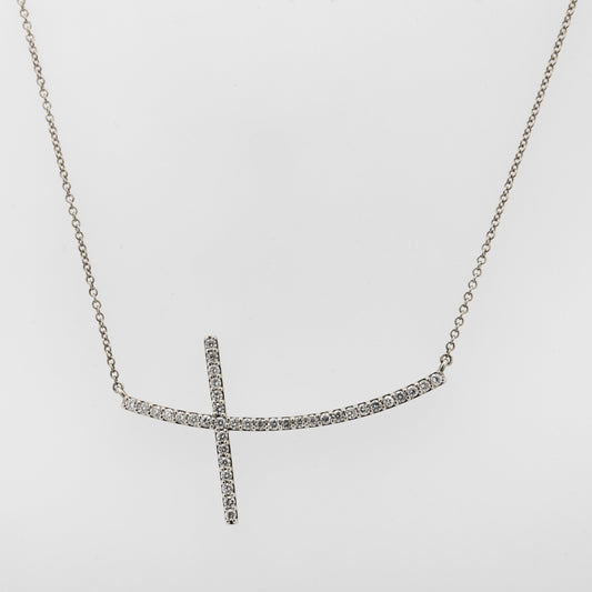 14K White Gold Diamond Sideway Cross Necklace