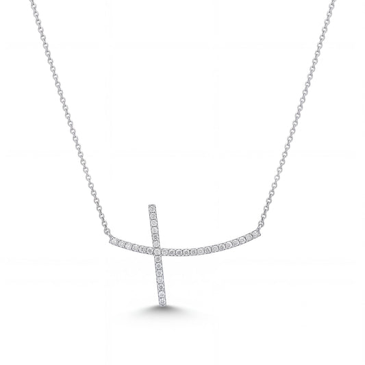 14K White Gold Diamond Sideway Cross Necklace