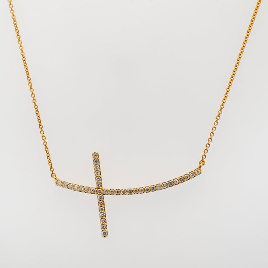 14K Yellow Gold Diamond Sideway Cross Necklace