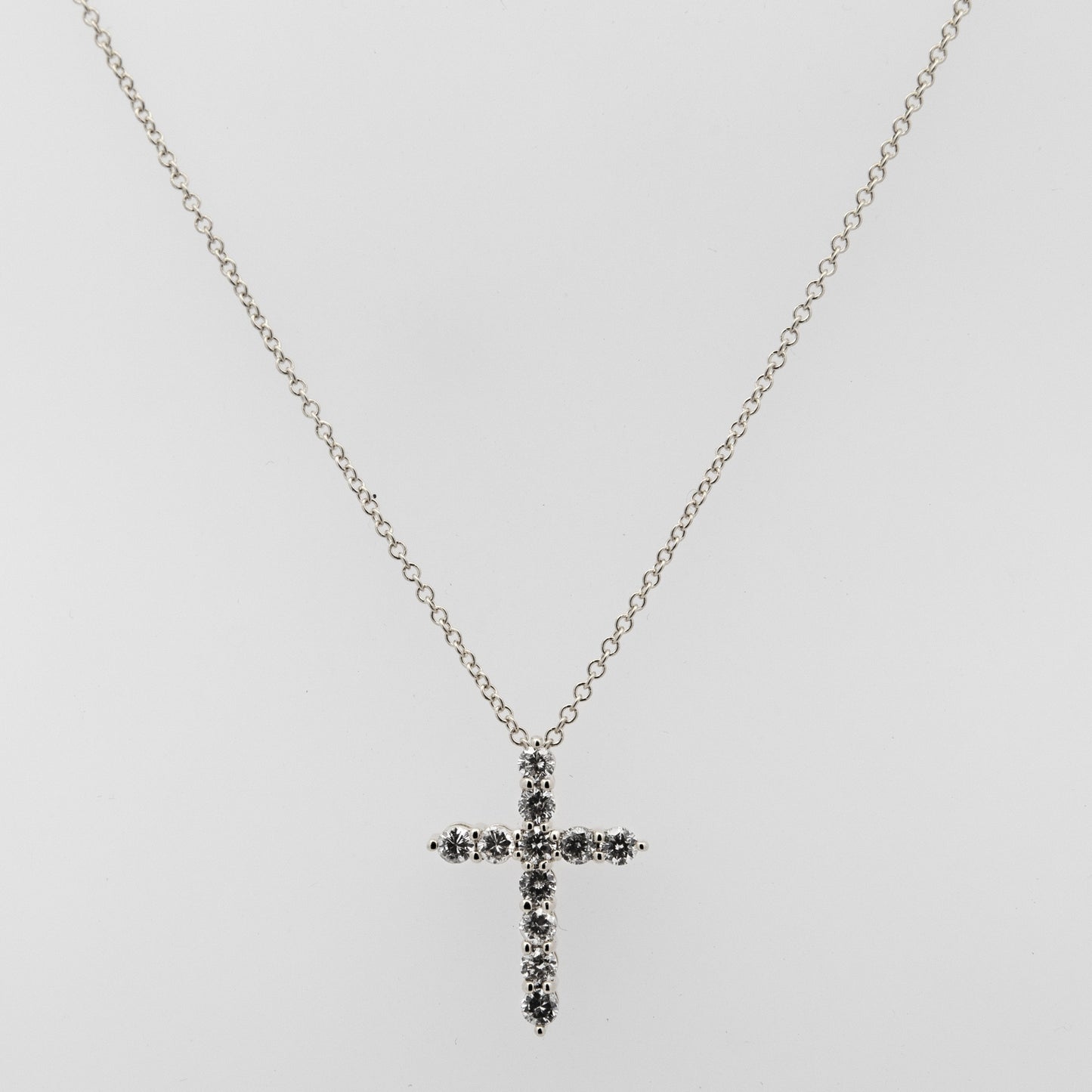 14K White Gold 11 Stones Cross Diamond Necklace