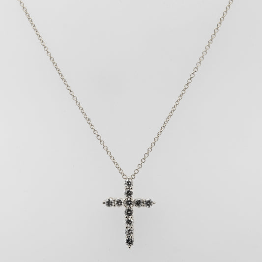 14K White Gold 11 Stones Cross Diamond Necklace