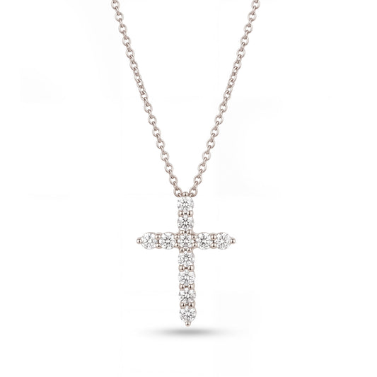 14K White Gold 11 Stones Cross Diamond Necklace
