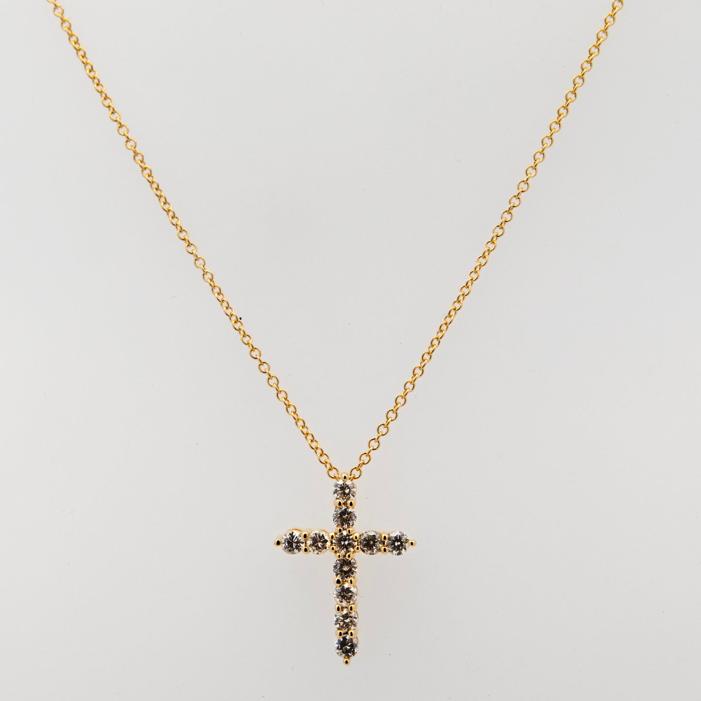 14K Yellow Gold 11 Stones Cross Diamond Necklace