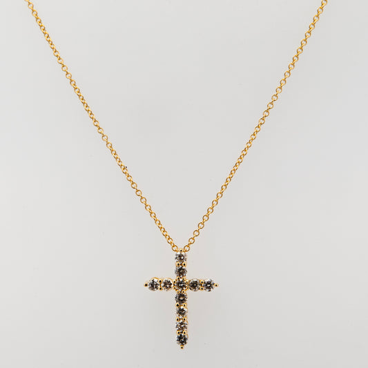14K Yellow Gold 11 Stones Cross Diamond Necklace