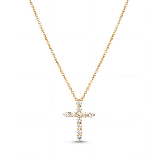 14K Yellow Gold 11 Stones Cross Diamond Necklace