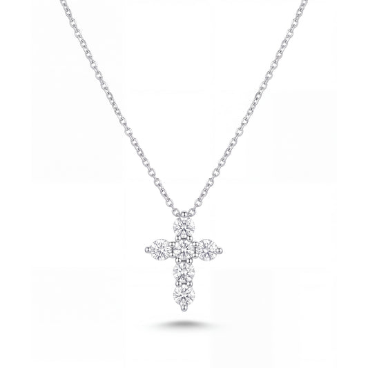 14K White Gold 6 Stones Cross Diamond Necklace