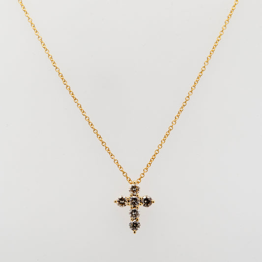 14K Yellow Gold 6 Stones Cross Diamond Necklace
