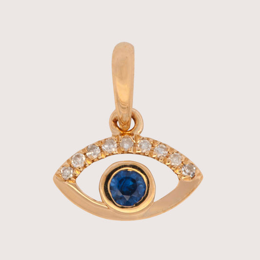 14K Yellow Gold Diamond Blue Sapphire Evil Eye Pendant