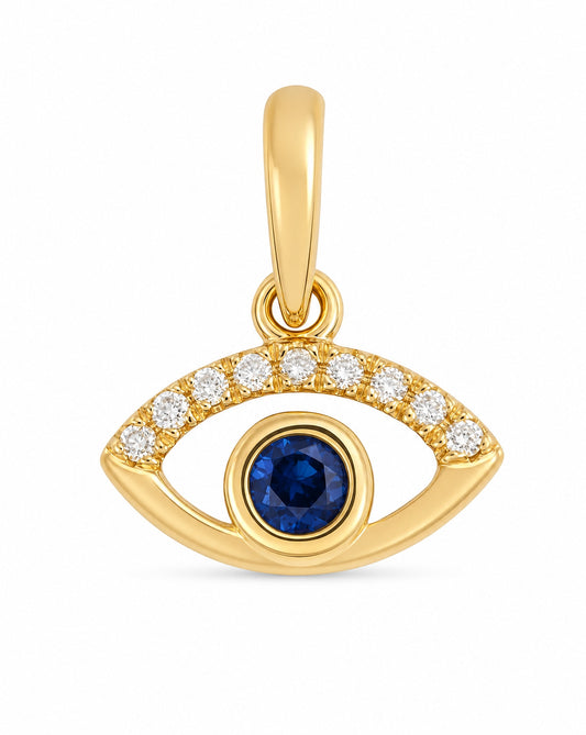 14K Yellow Gold Diamond Blue Sapphire Evil Eye Pendant
