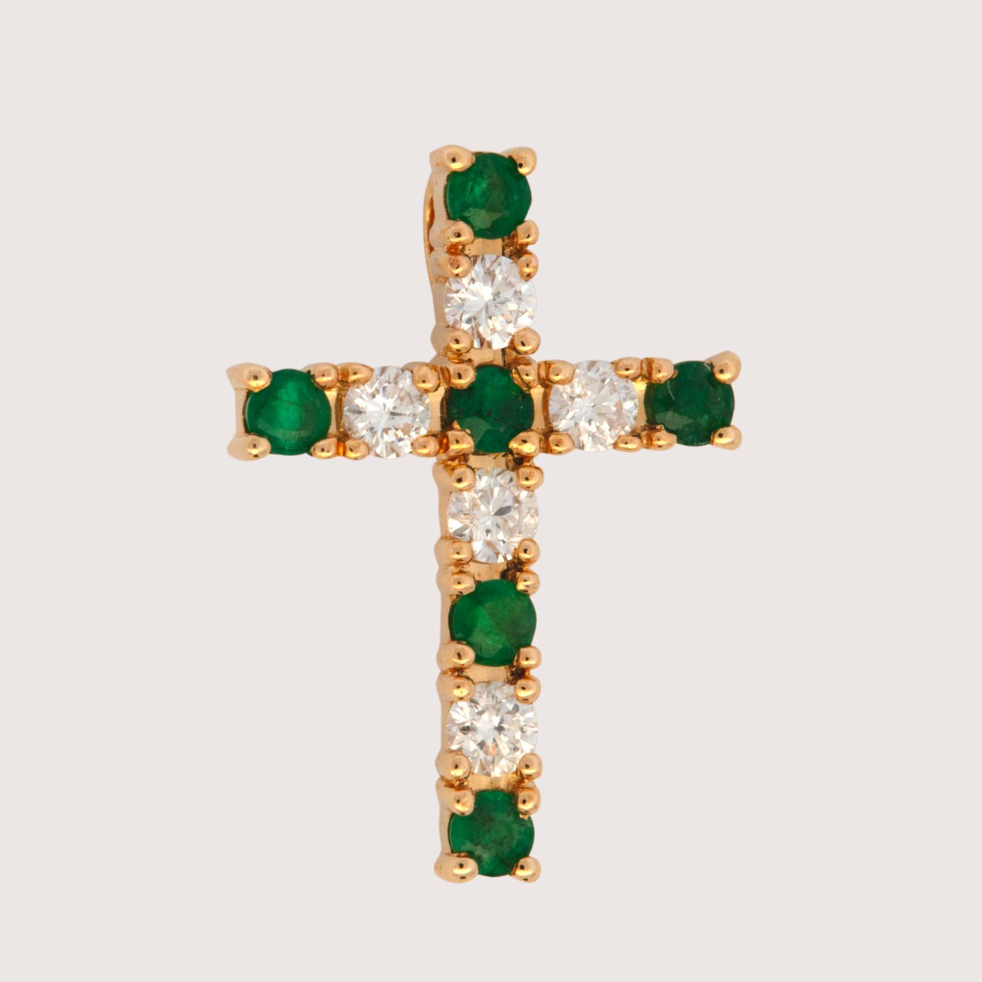 14K Yellow Gold Diamond & Emerald Cross Pendant-1