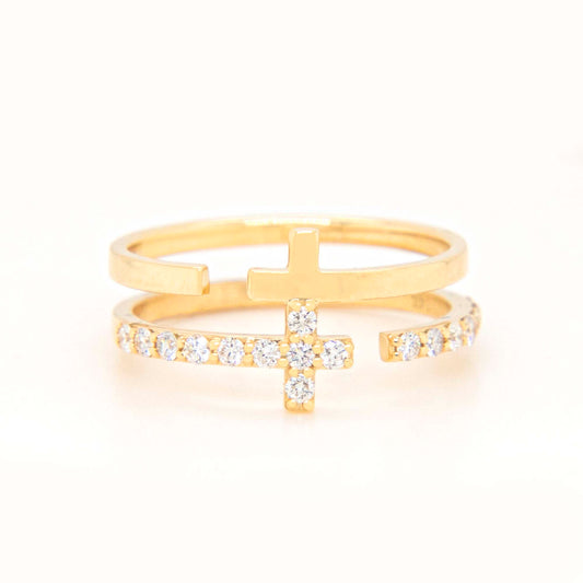 14K Yellow Gold Diamond Double Cross Band Ring