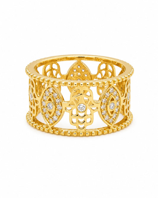 14K Yellow Gold Diamond Wide Band Style Hamsa Ring