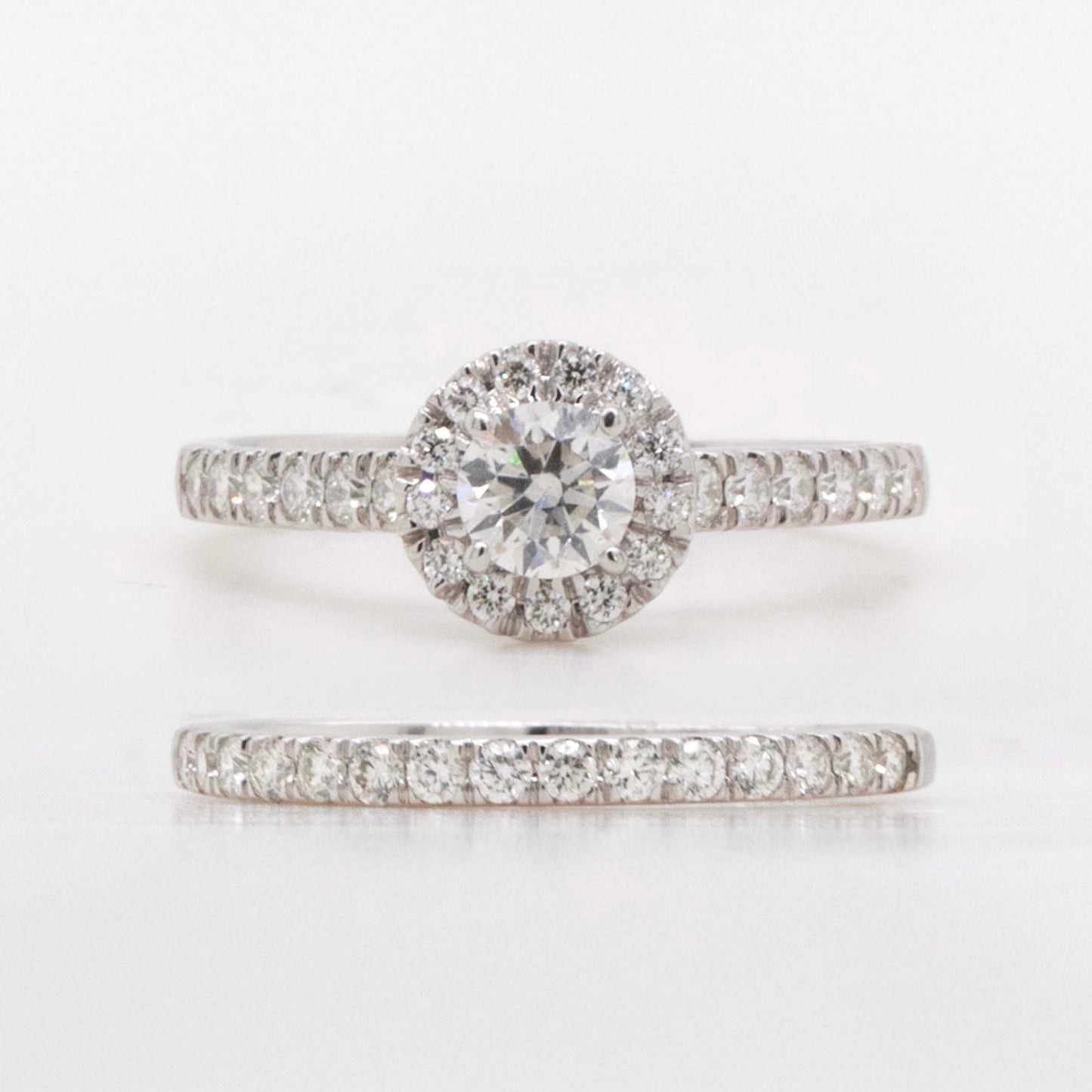 14K White Gold Round Halo Engagement and Wedding Band Set