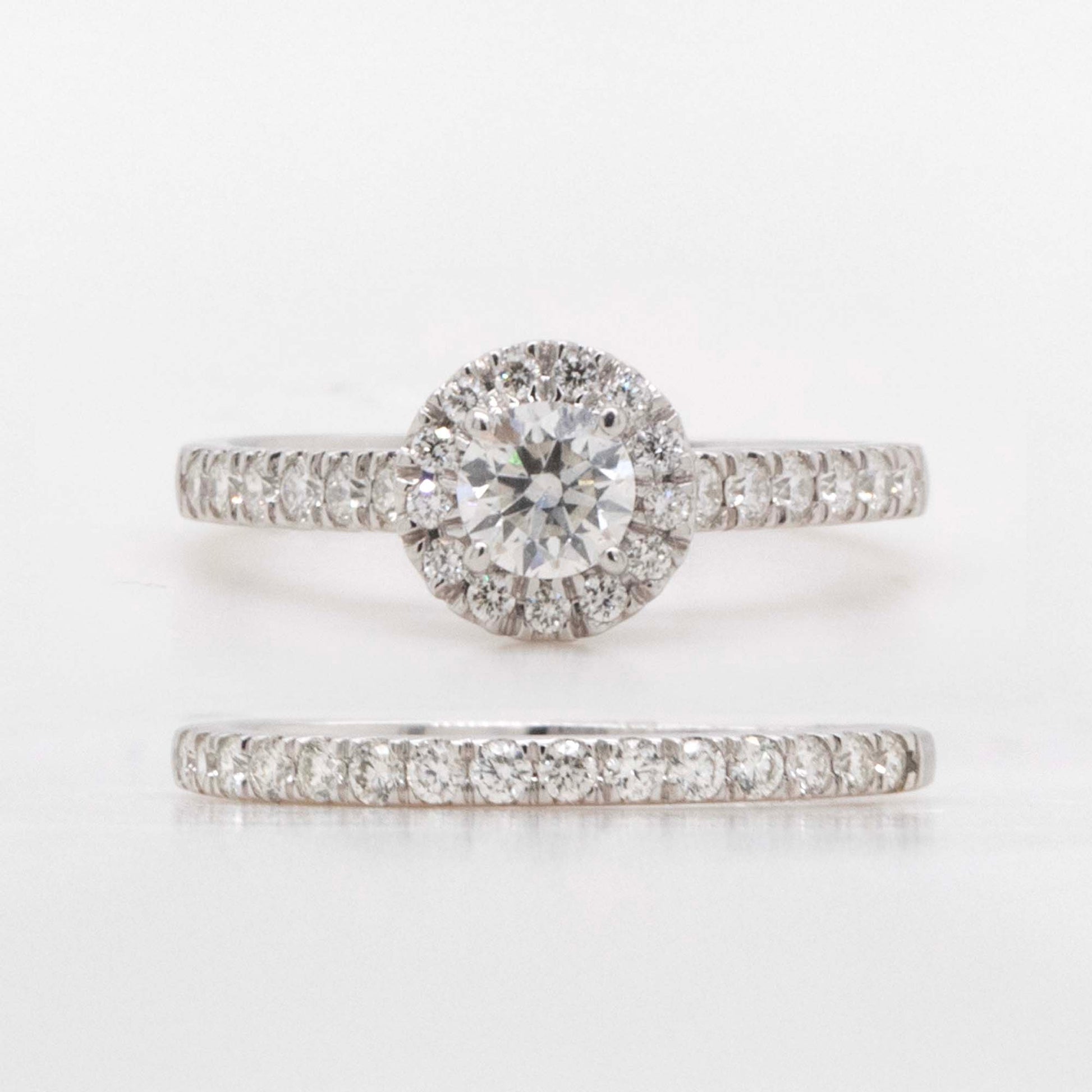 14K White Gold Round Halo Engagement and Wedding Band Set