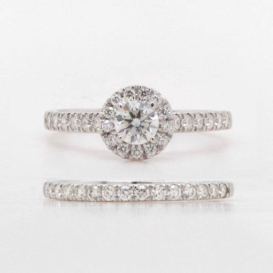 14K White Gold Round Halo Engagement and Wedding Band Set