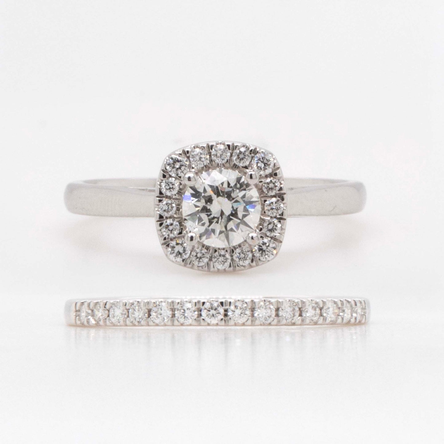 14K White Gold Round Halo Engagement and Wedding Band Set Style 2