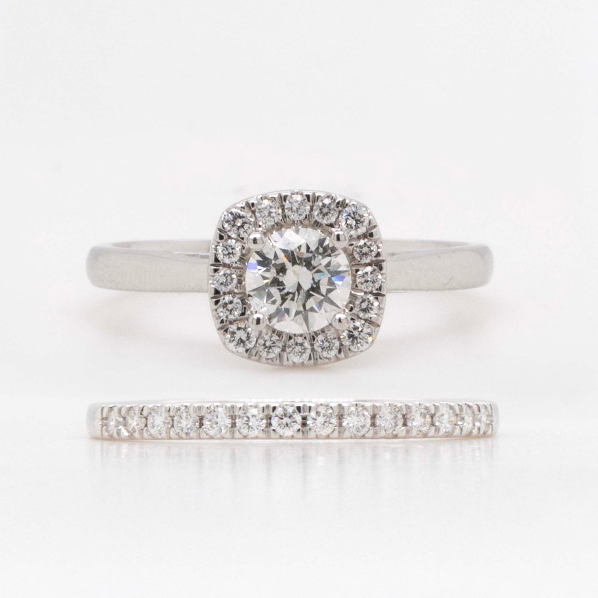 14K White Gold Round Halo Engagement and Wedding Band Set Style 2
