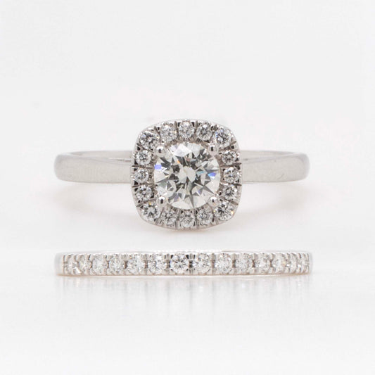 14K White Gold Round Halo Engagement and Wedding Band Set Style 2