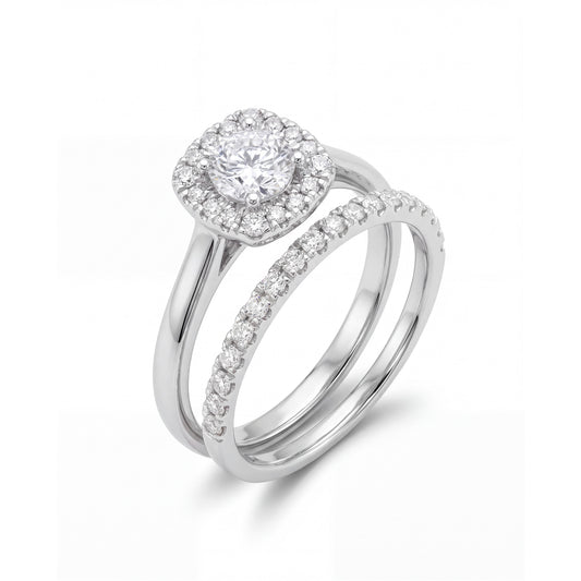 14K White Gold Round Halo Engagement and Wedding Band Set Style 2
