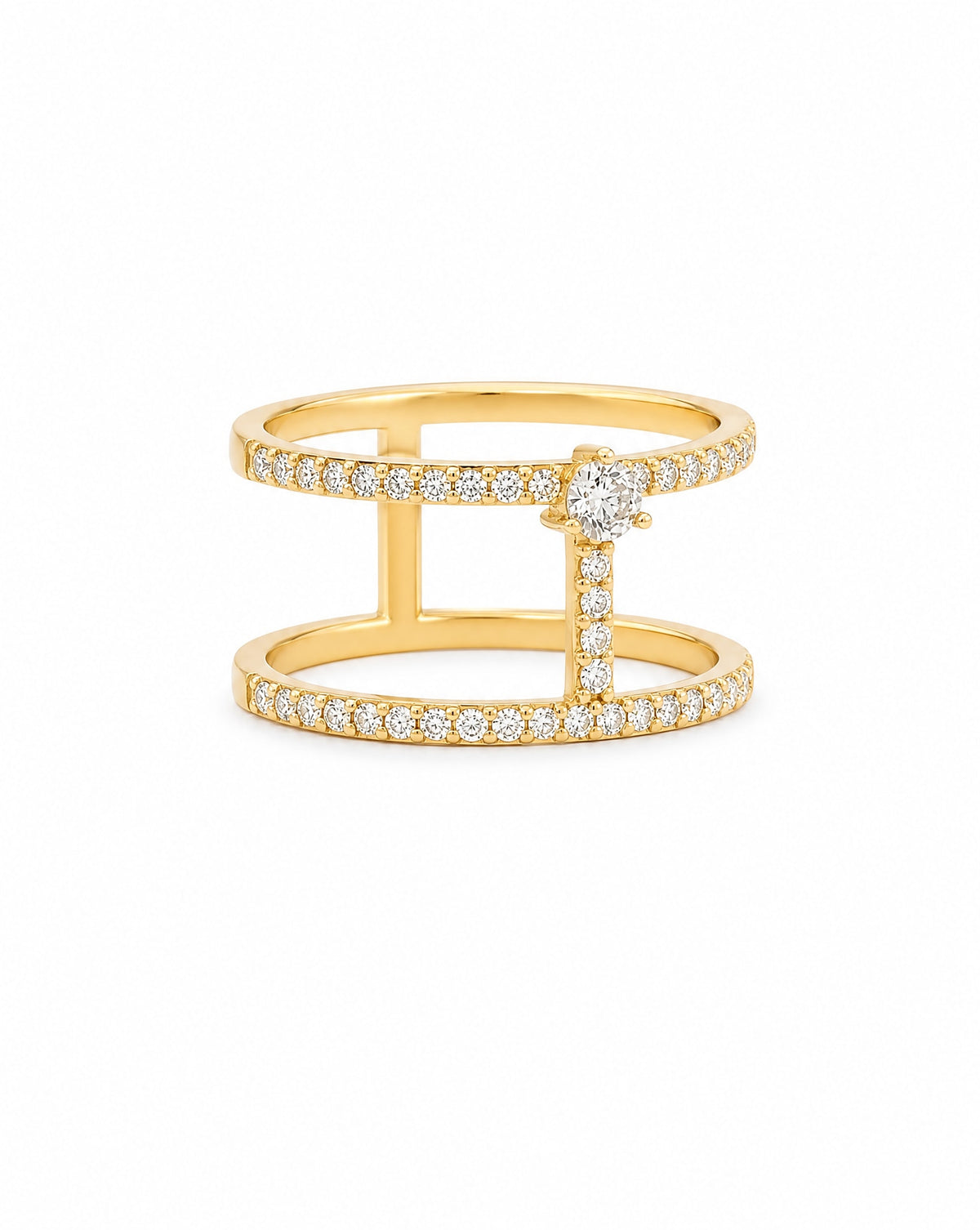14K Yellow Gold Pave Diamond Double Line Ring