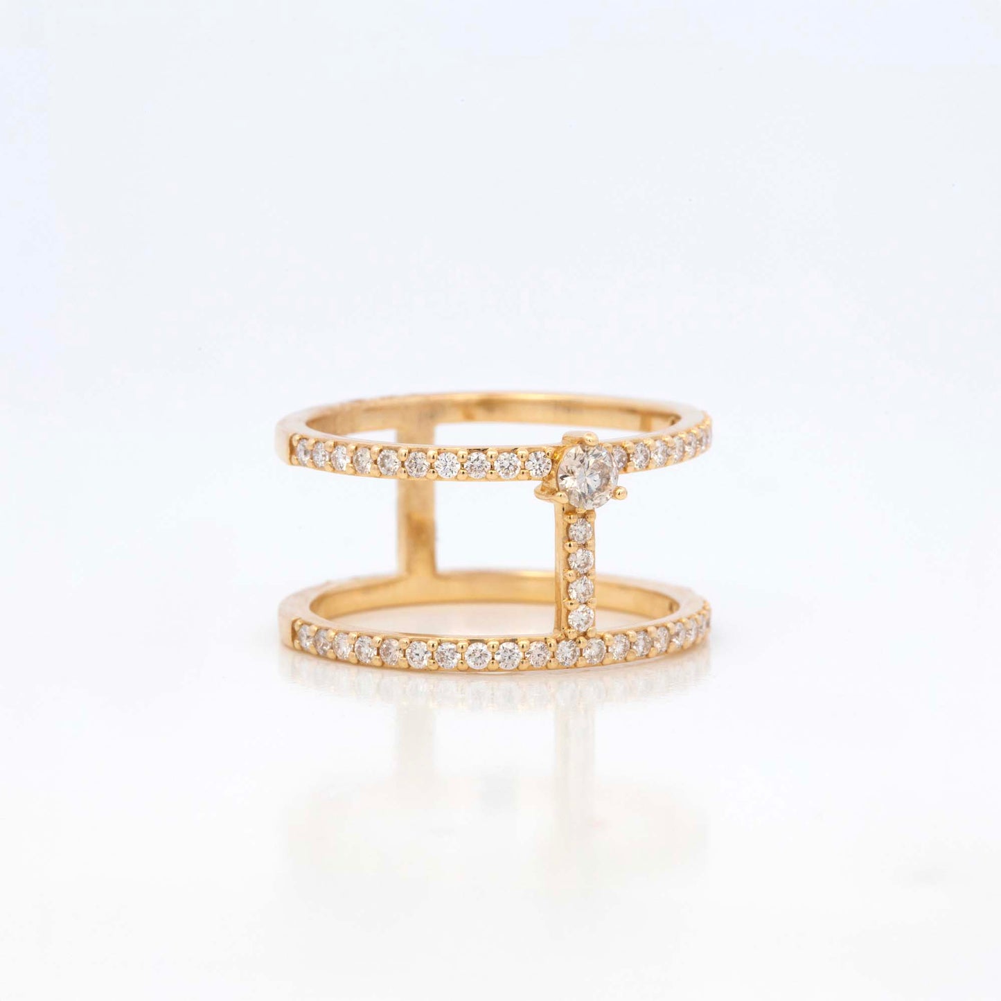 14K Yellow Gold Pave Diamond Double Line Ring