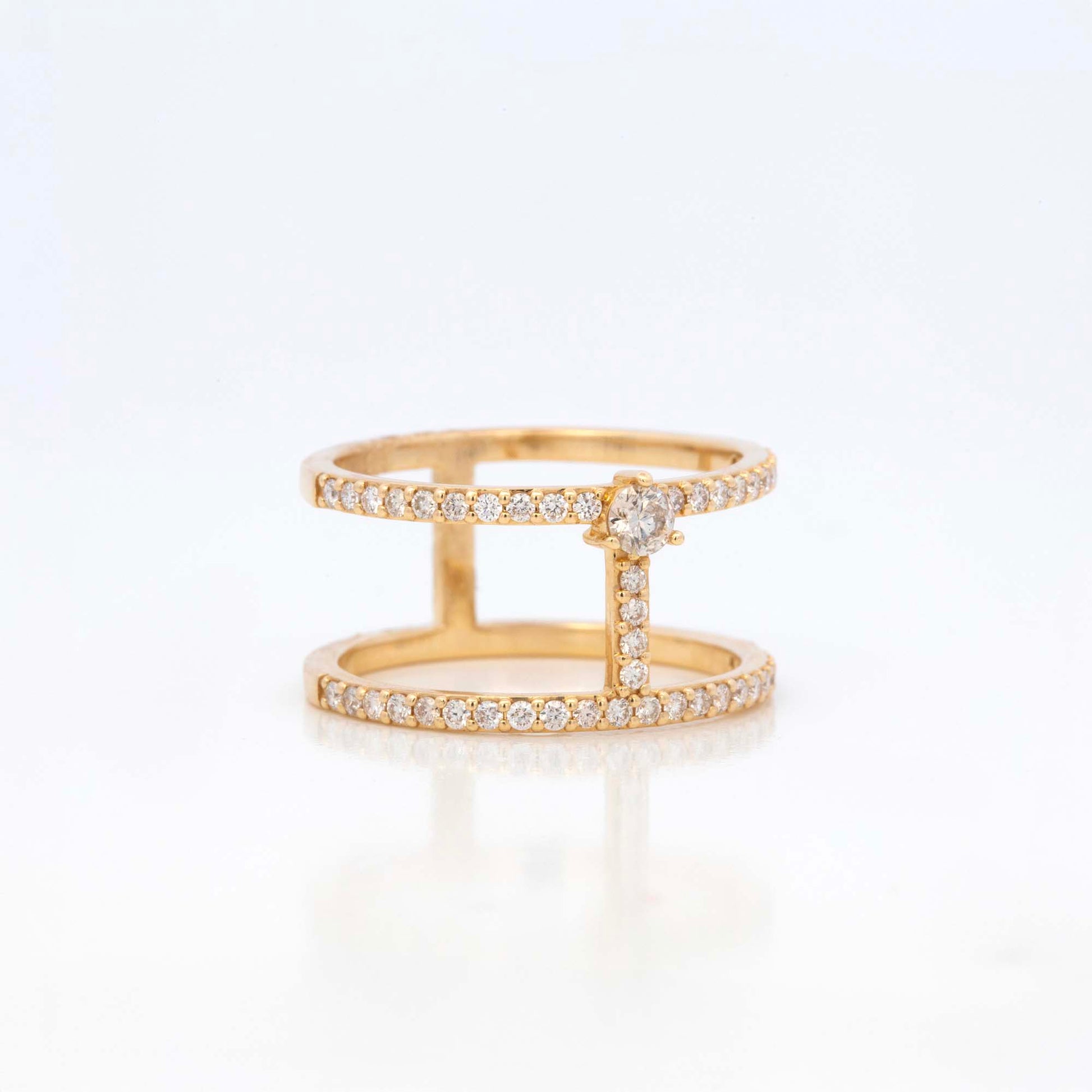 14K Yellow Gold Pave Diamond Double Line Ring