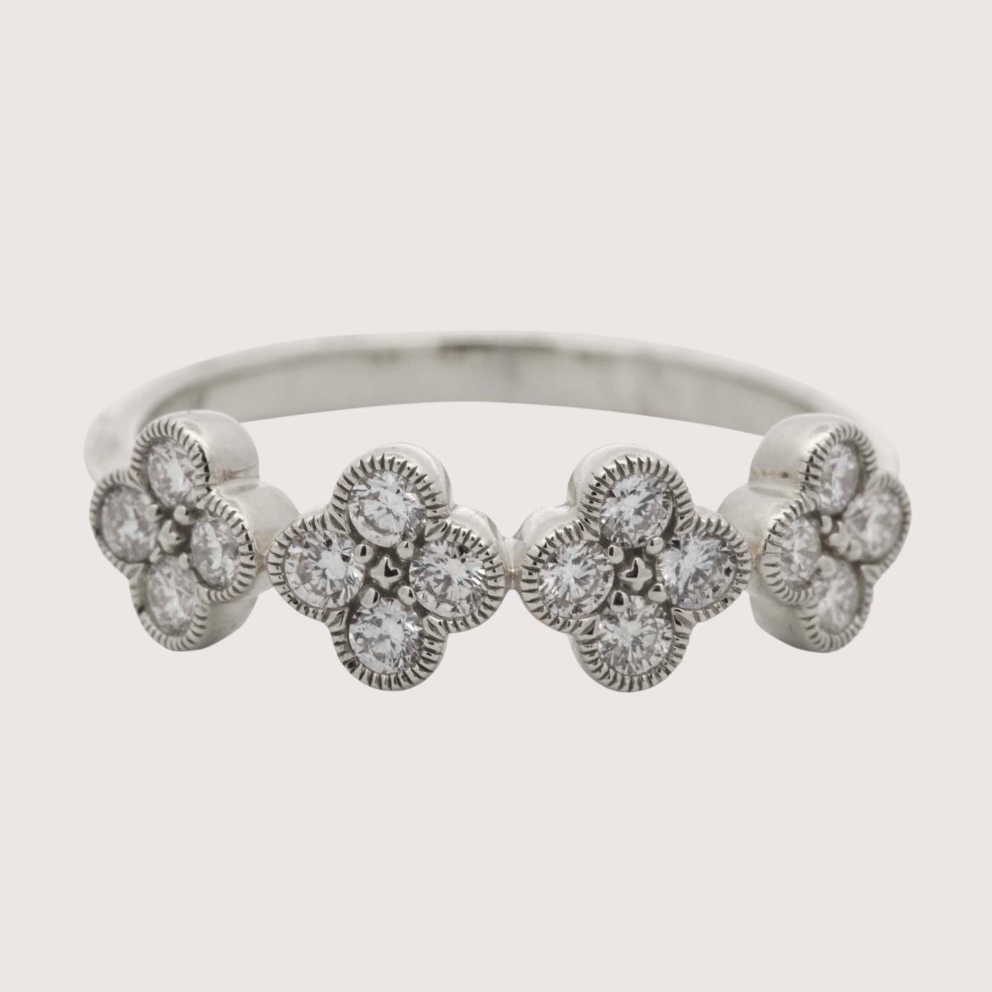 14K White Gold Diamond Clovers Band Ring